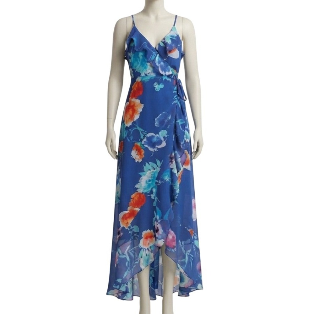 Lulus Ladean Royal Blue Floral Print Ruffled Wrap Maxi Dress XS NWT Resortwear